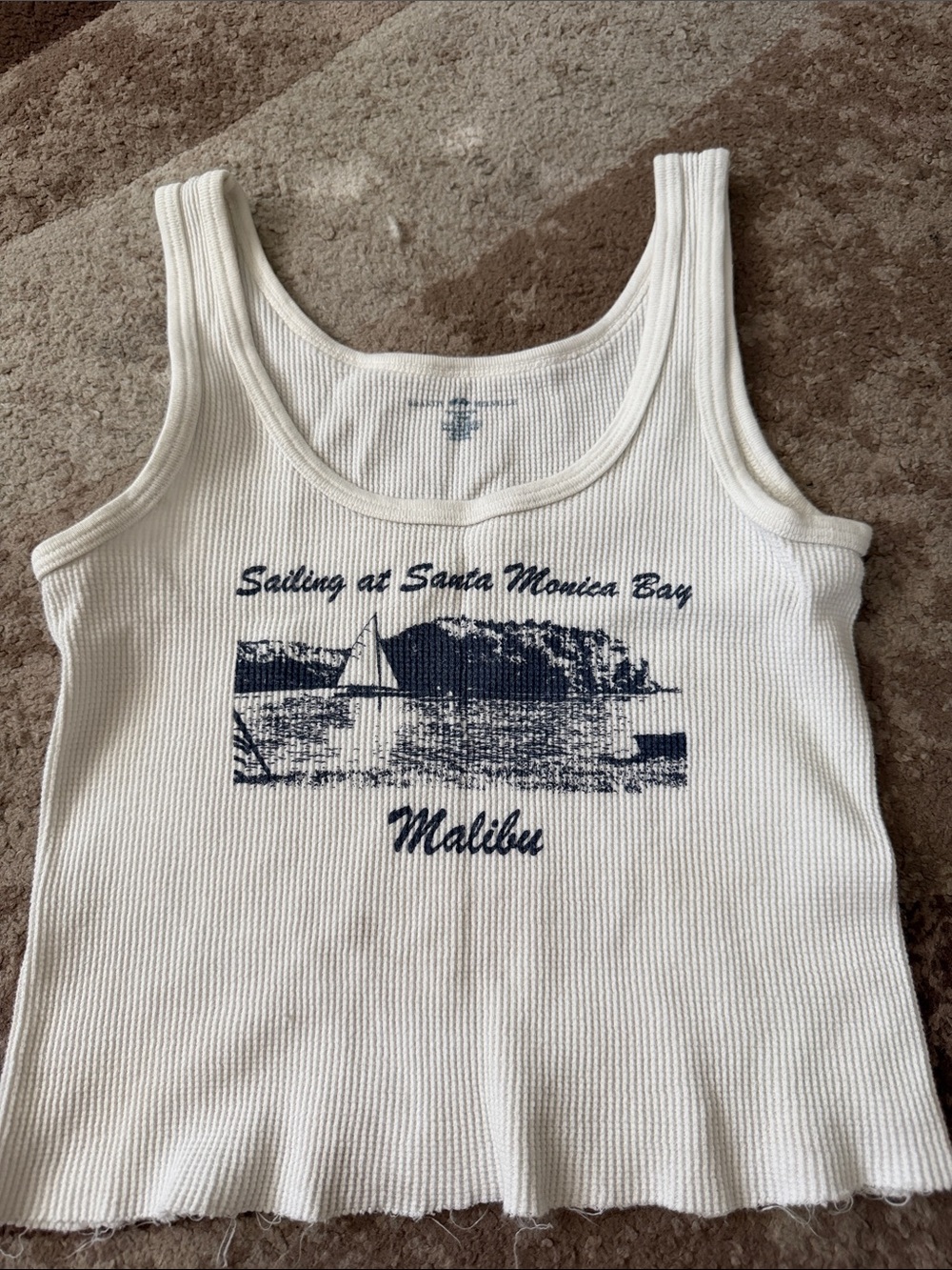Brandy Melville White Ribbed Tank with Navy Sail Graphic